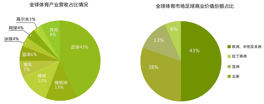 全球体育产业营收占比情况,全球体育市场足球商业价值份额占比